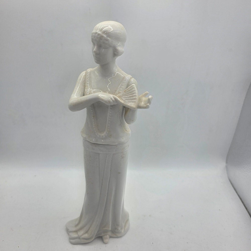 Vintage Art Deco Style Flapper Lady Porcelain Figurine Woman Holding Fan White